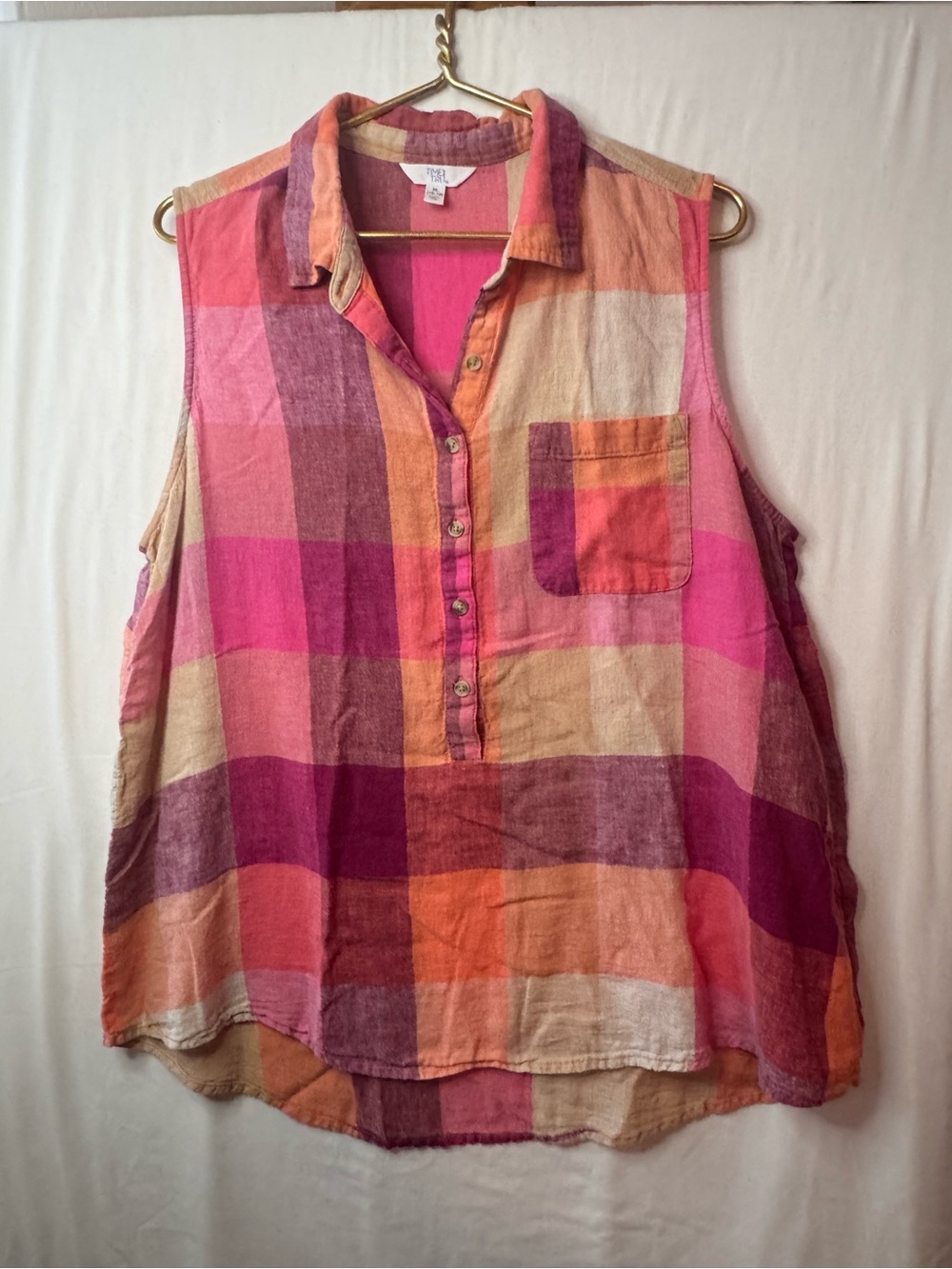Time and Tru Sleeveless Plaid Button-Front Tunic in Pink, Orange and Cream